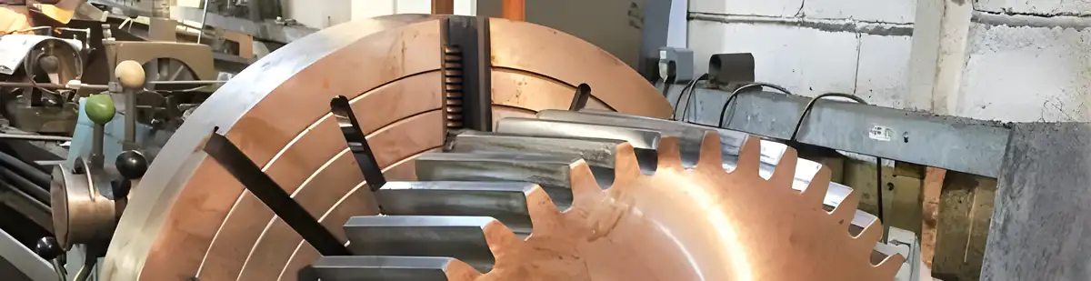 A large bronze gear held in the jaws of a lathe chuck in the workshop